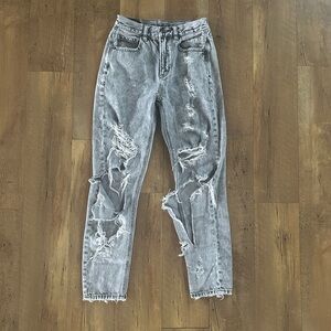 American Eagle Super Distressed Boyfriend Jeans Gray Acid Wash Grunge Size 0